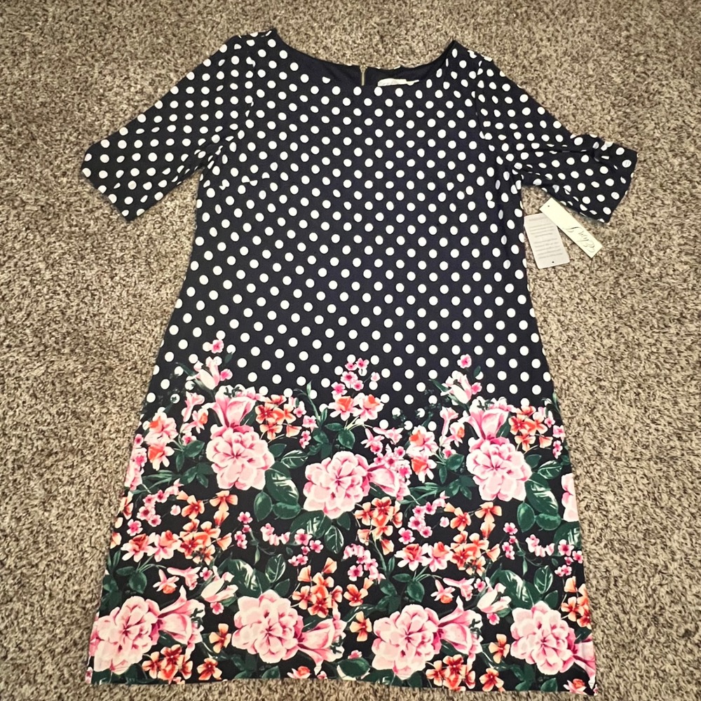 Eliza J Womens Navy Polka Dot Floral Border Shift Dress Size 18 NWT EJ8M8750